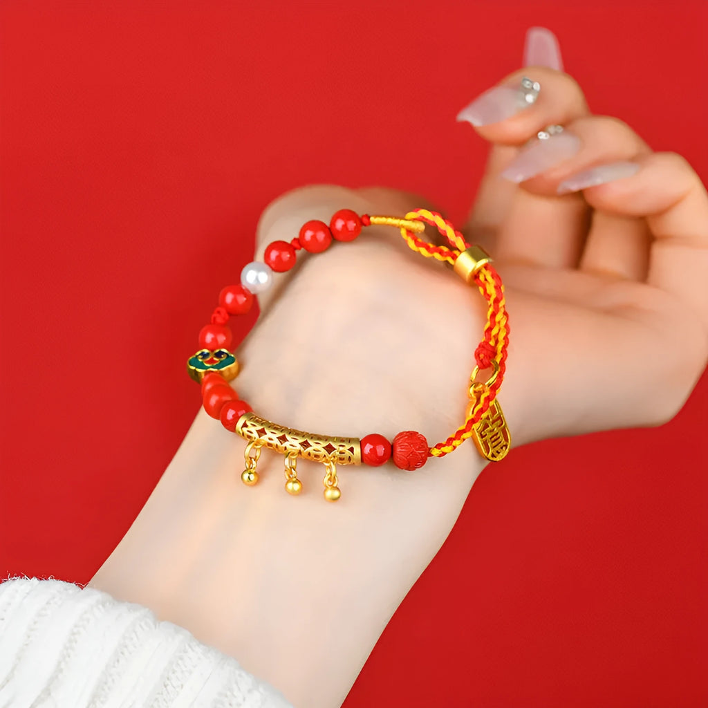 Hand-woven cinnabar red rope bell-bracelet with round geometry national style design