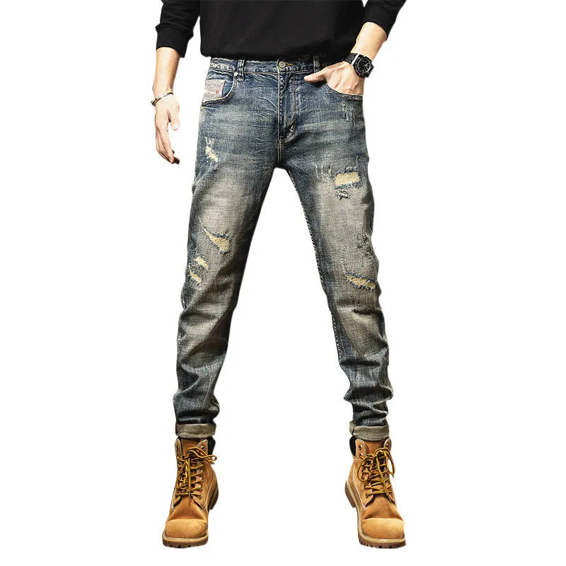 Retro heavy washed men's jeans in vintage blue with fleece lining and drawstring waist