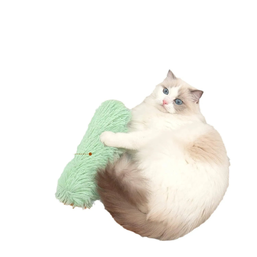 Blue, green, pink, and white cat plush toy pillow measuring 27 by 10 centimetres