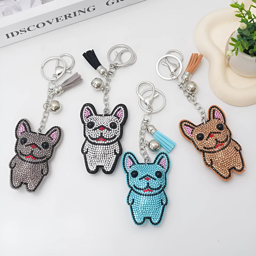 French dog rhinestone keychain pendant with cartoon animal charm on alloy base