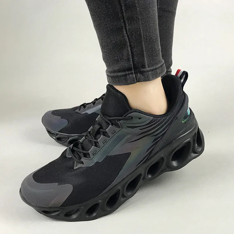 Men's low-top black breathable mesh casual sports shoes with a round toe and white lace-up fastening.