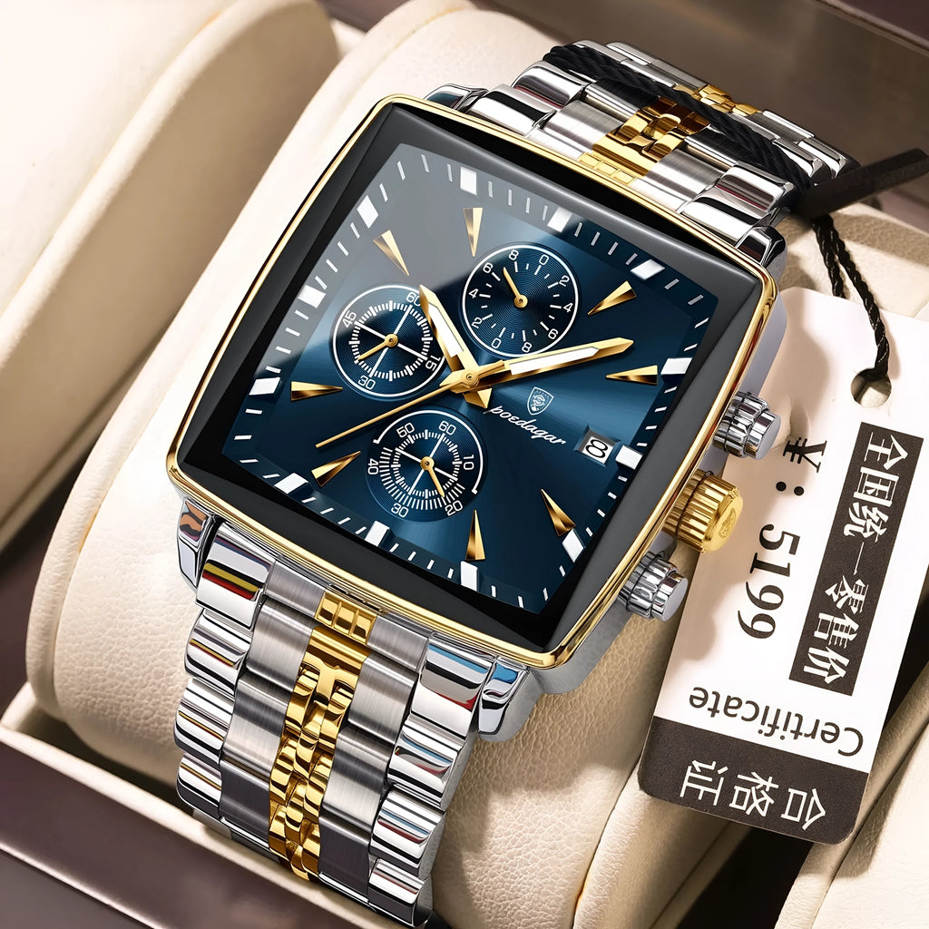 Square faced men's business watch with stainless steel strap on a wrist, showing a gold and blue colour variant.