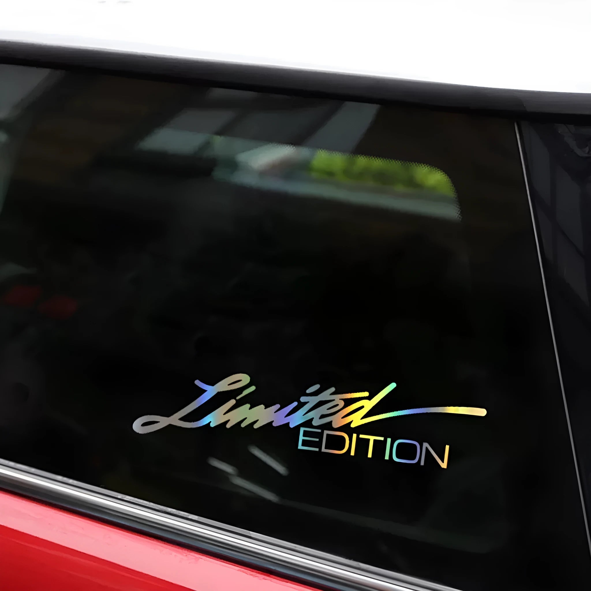 Black laser reflective PET car sticker with text design for vehicle window or body.