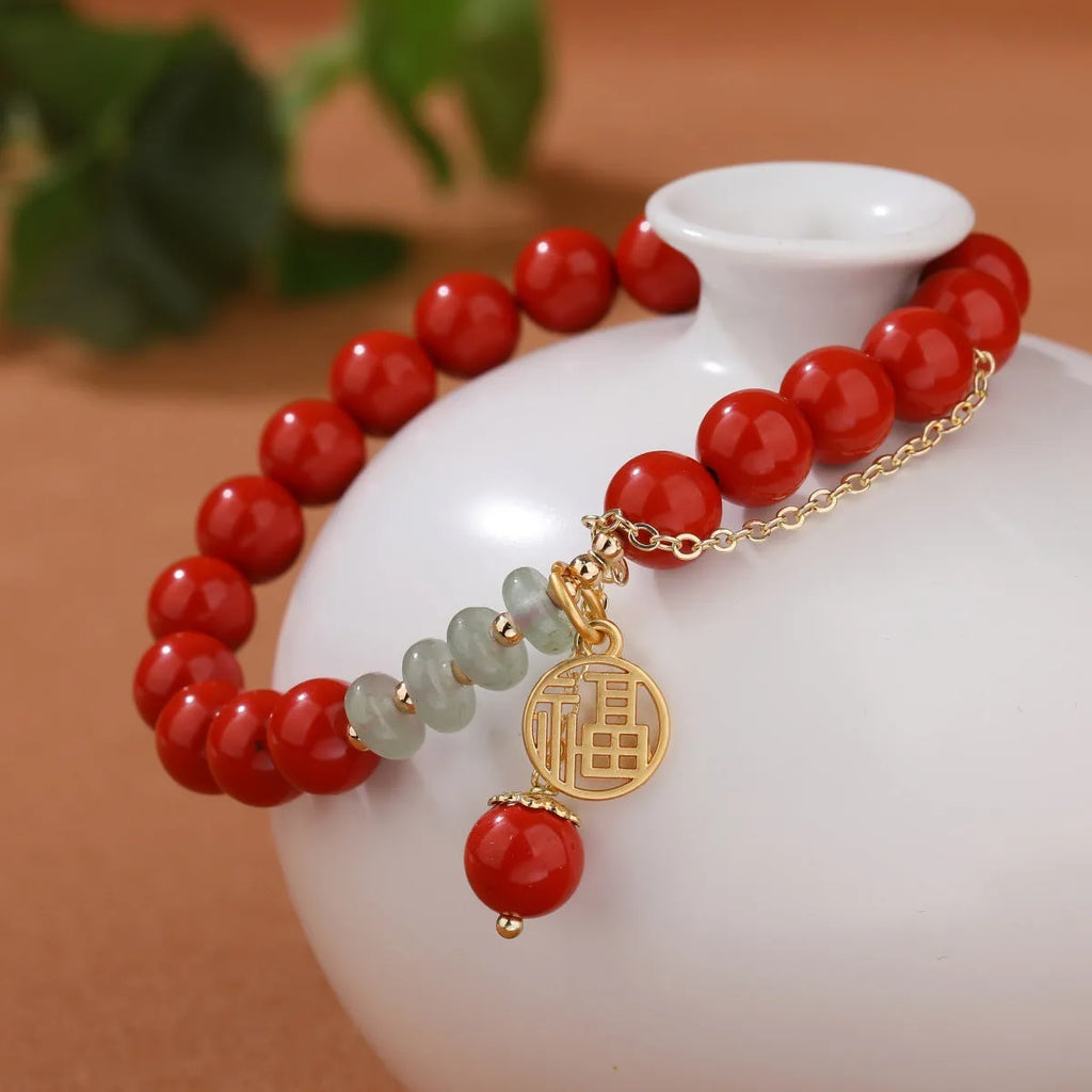 Retro women's cinnabar fu character bracelet with jade spacers and tassel, 8mm beads
