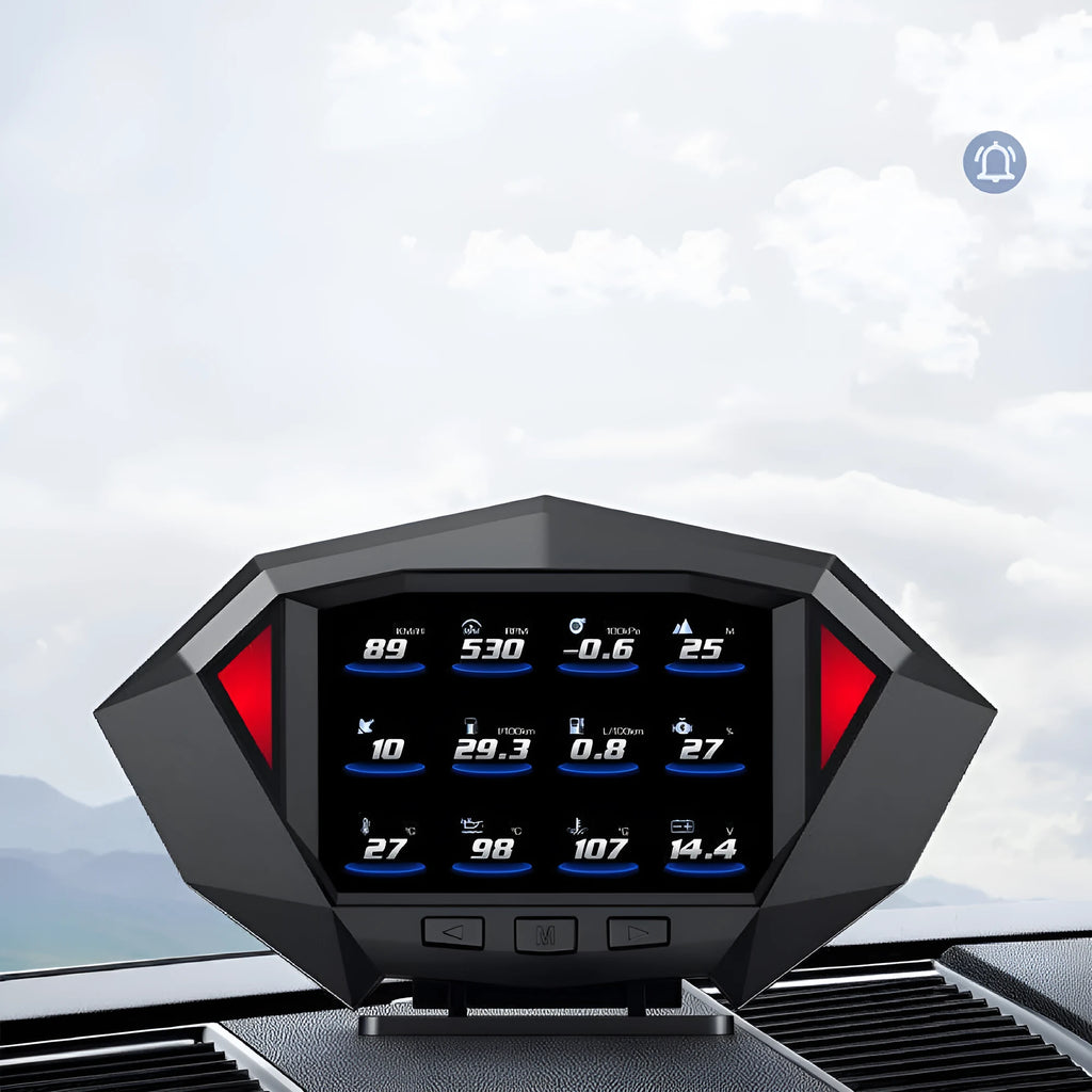 Black car HUD head-up display unit with LCD screen on an anti-slip mat, showing OBD cable.