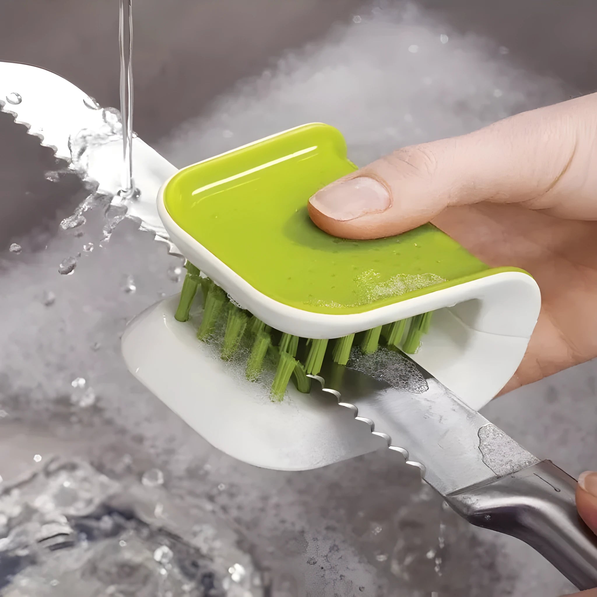 U-shaped knife and cutlery cleaner brush with ABS bristles in blue, resting on a kitchen counter