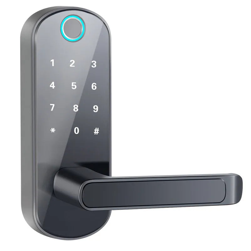 Smart Bluetooth fingerprint door lock in black or silver finish for keyless entry on interior doors.