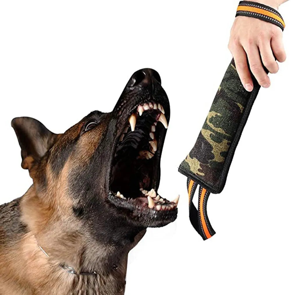 Reflective dog training jute bite stick with yellow edge, 55cm length, on plain background