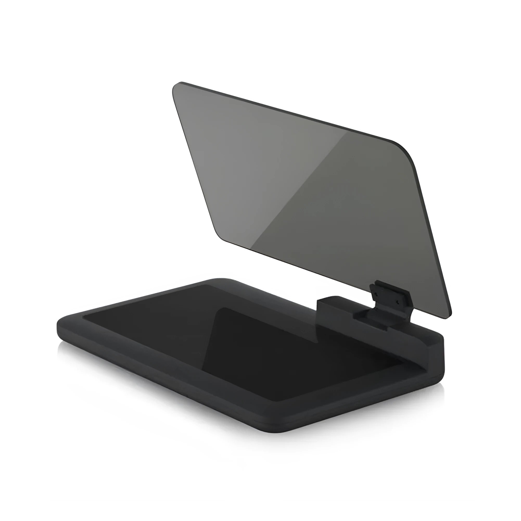 Gray smartphone hands-free navigation display holder on car dashboard with non-slip mat and organic glass panel