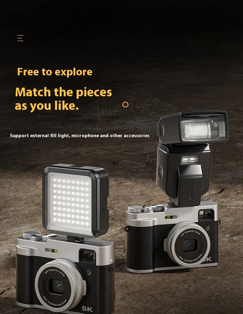 Black 5K HD digital camera with dual lenses, a 2.88-inch screen, and optical viewfinder on top.