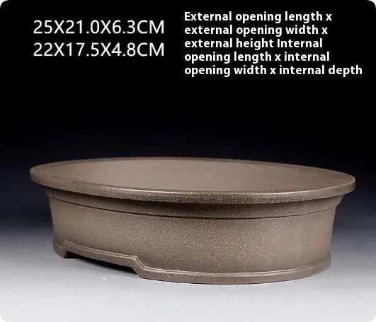 Handmade antique oval purple sand bonsai pot for succulents, measuring 25cm by 21cm.