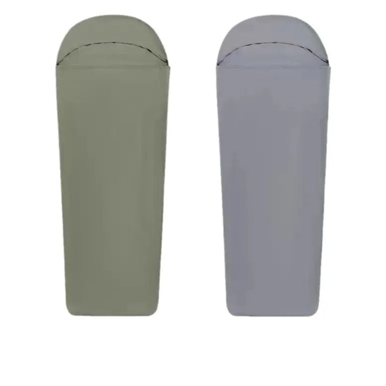Blue mummy-style nylon sleeping bag with plaid lining for adult camping travel