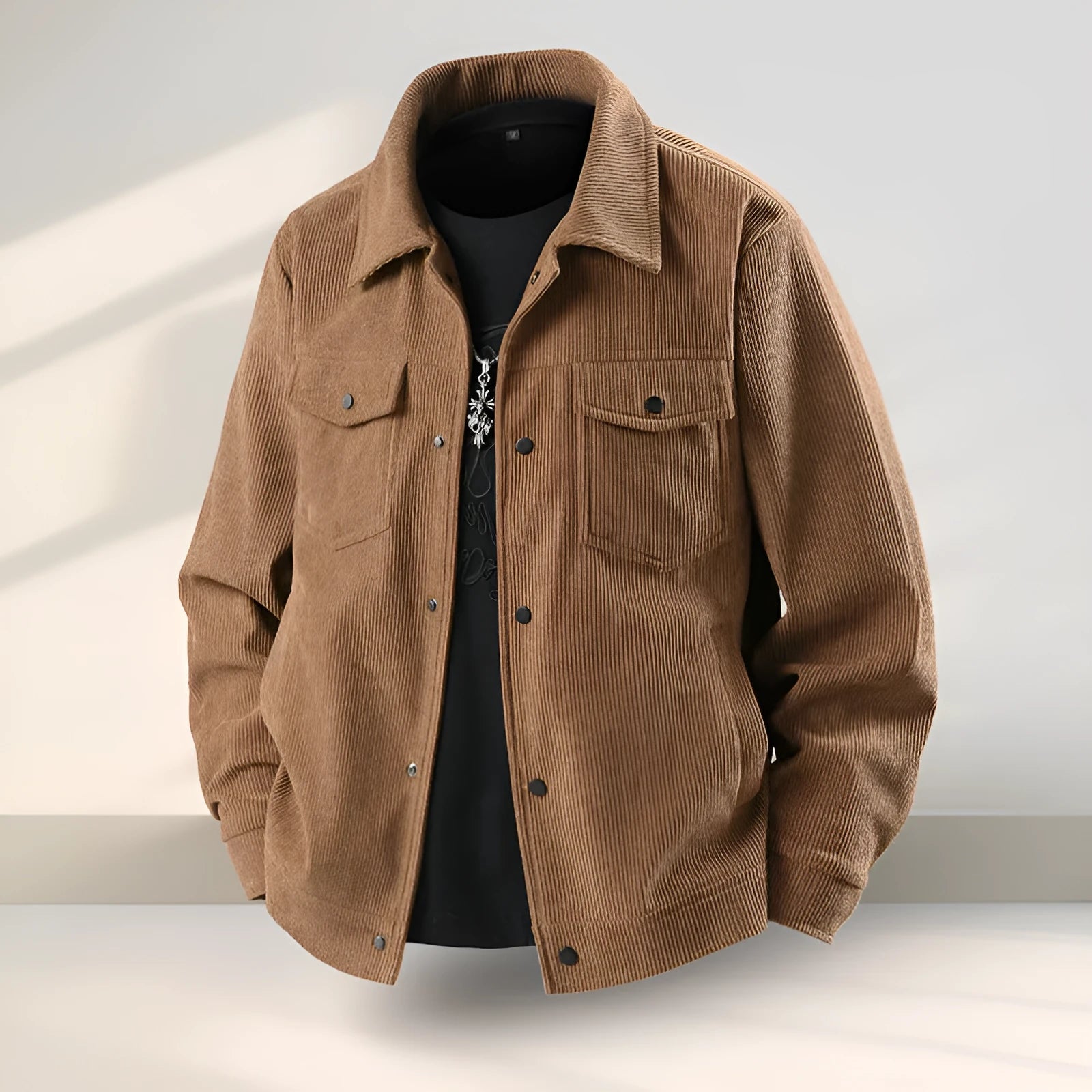 Men's black slim fit casual coat with American ruffle design on mannequin showing front view