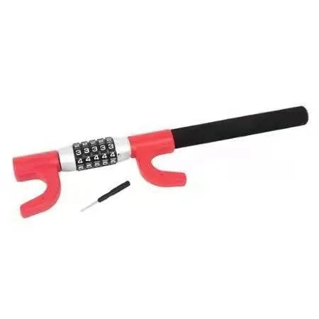 Car anti-theft password steering wheel U-lock in alloy steel, black colour, shown on a car steering wheel