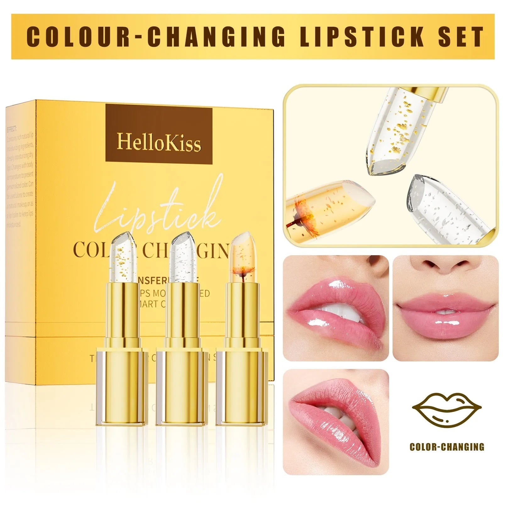 Single gold tube of anti-smudge, warm colour-changing lipstick, shade YB1001, 3.5g.