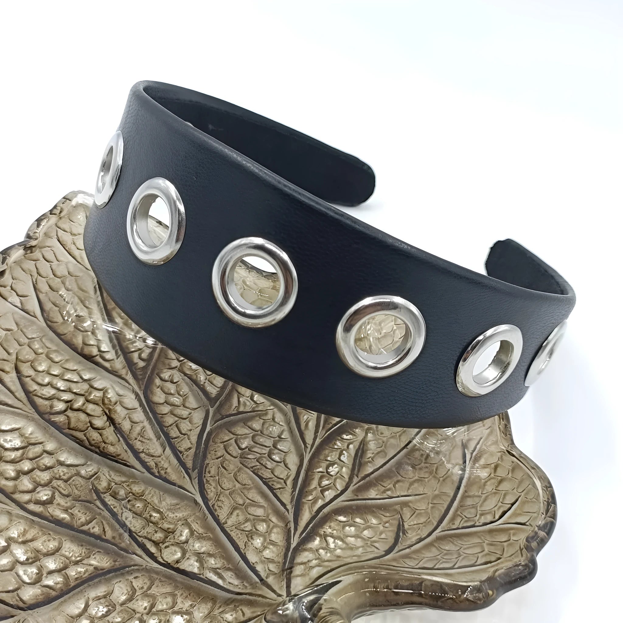 Wide black artificial leather headband with round and square rivets, handmade punk style for women