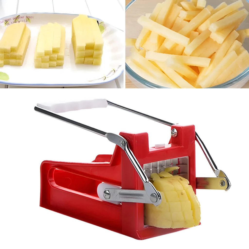Potato cutter with two stainless steel blades and non-slip rubber foot on kitchen counter