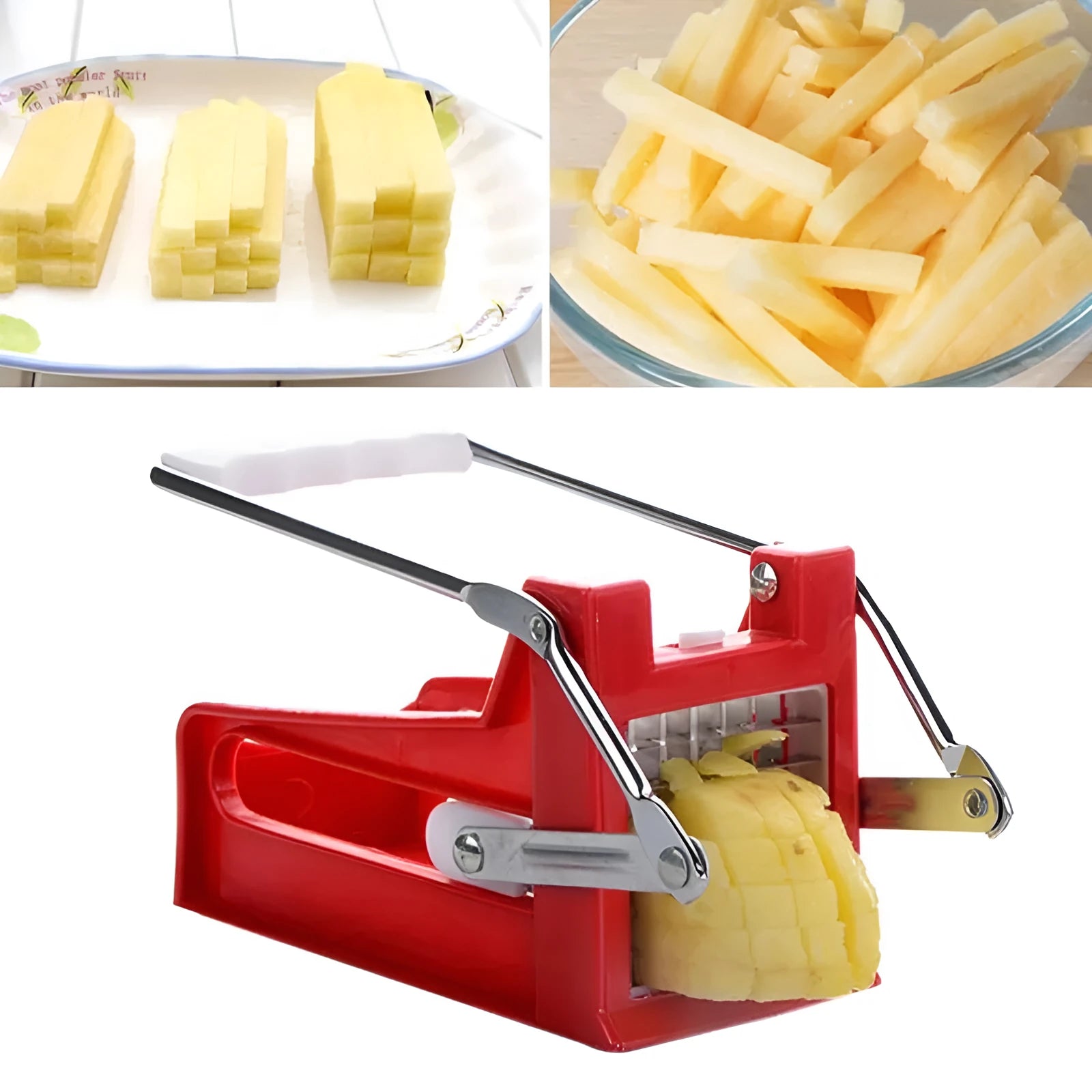 Potato cutter with two stainless steel blades and non-slip rubber foot on kitchen counter