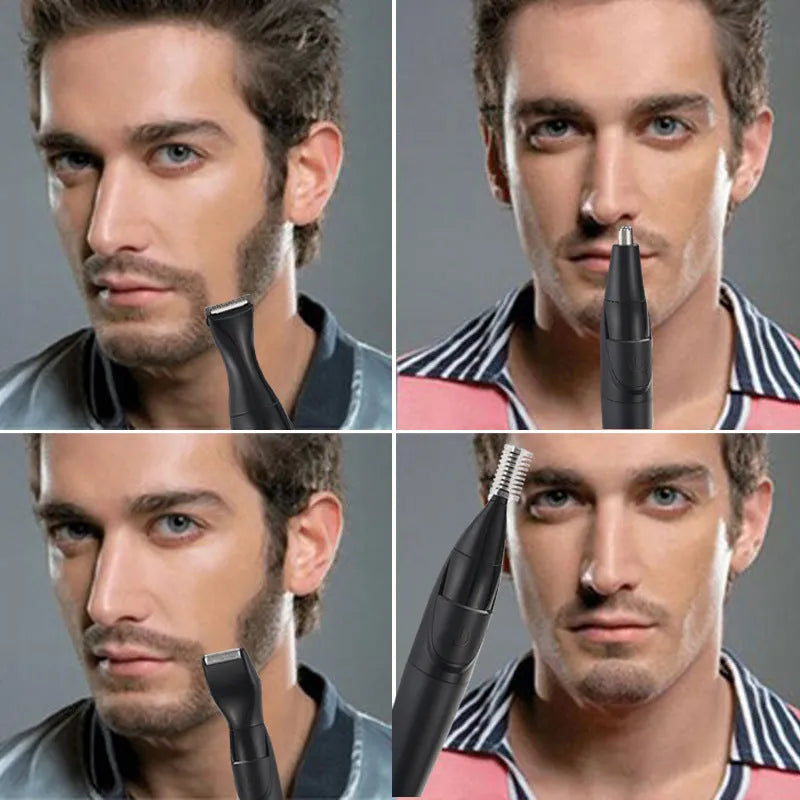 Men's black electric trimmer set with reciprocating head, charging base, and grooming accessories