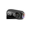 Extra Bass Portable Mini Clock Speaker in S8 Black colour on a desk with USB cable.