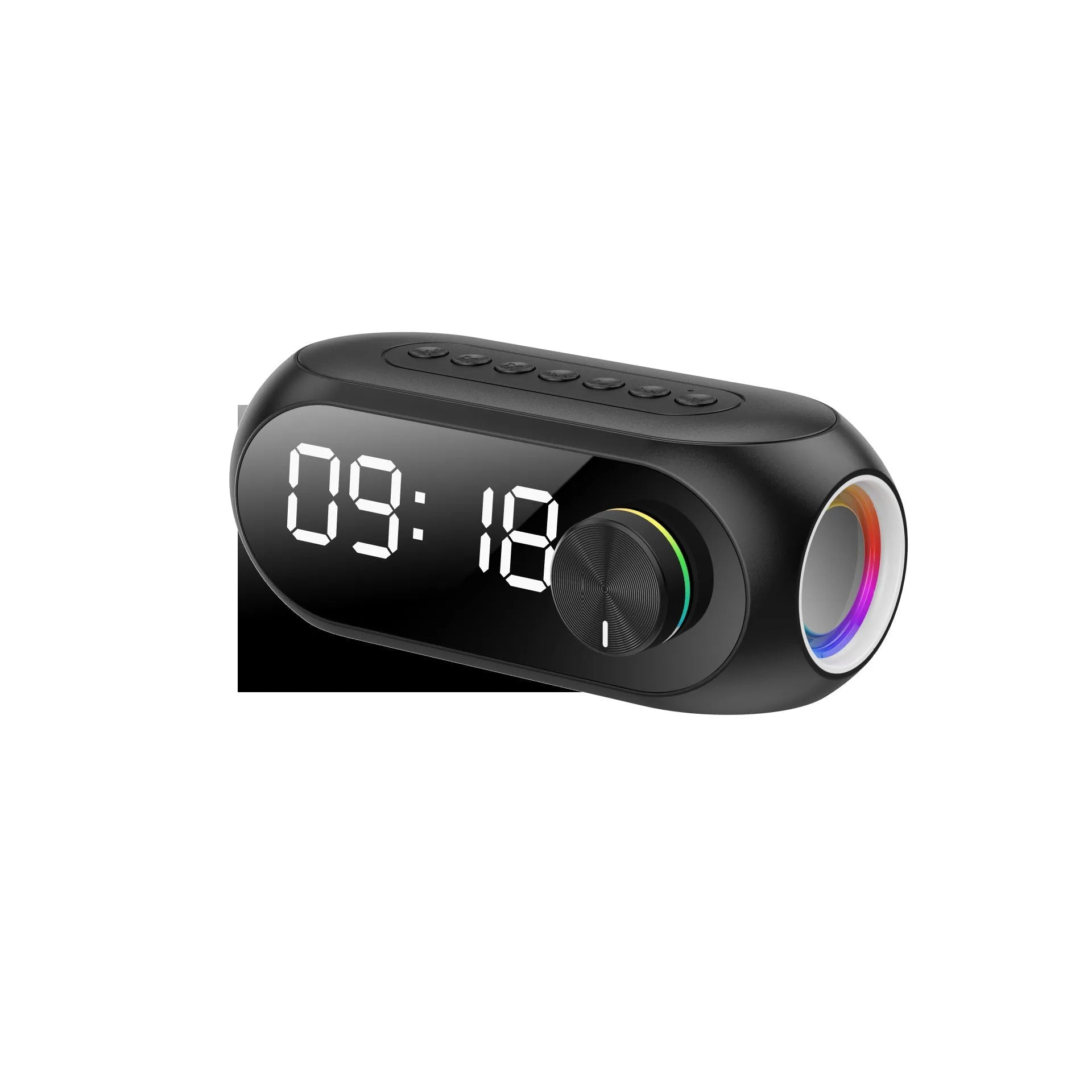 Extra Bass Portable Mini Clock Speaker in S8 Black colour on a desk with USB cable.