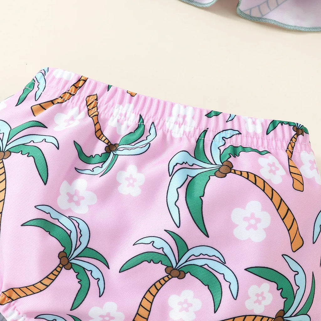 White two-piece toddler swimsuit set with a top and matching shorts on a hanger.