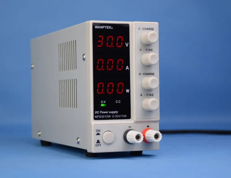 White adjustable DC laboratory power supply unit with controls for 0-60V and 0-5A output.