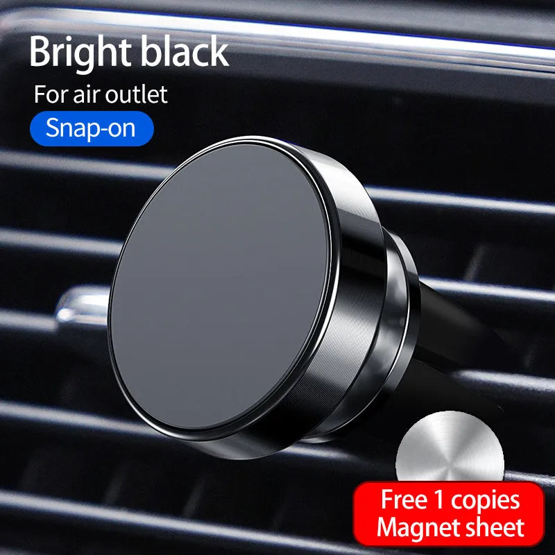 Black car phone holder with suction cup magnetic mount on dashboard, 360 degree rotation