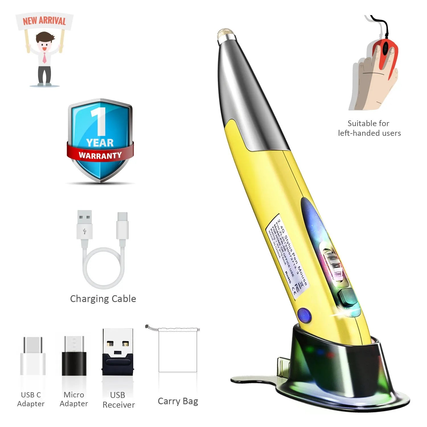 Red wireless pen mouse with vertical grip on white background