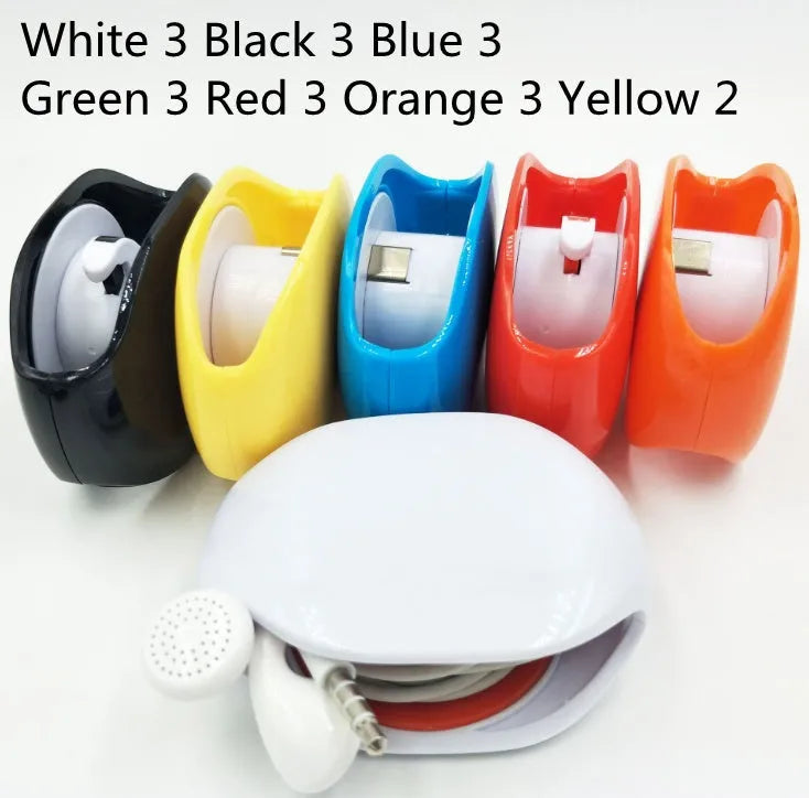 Automatic earphone cable winder retractor in multiple colours showing compact size