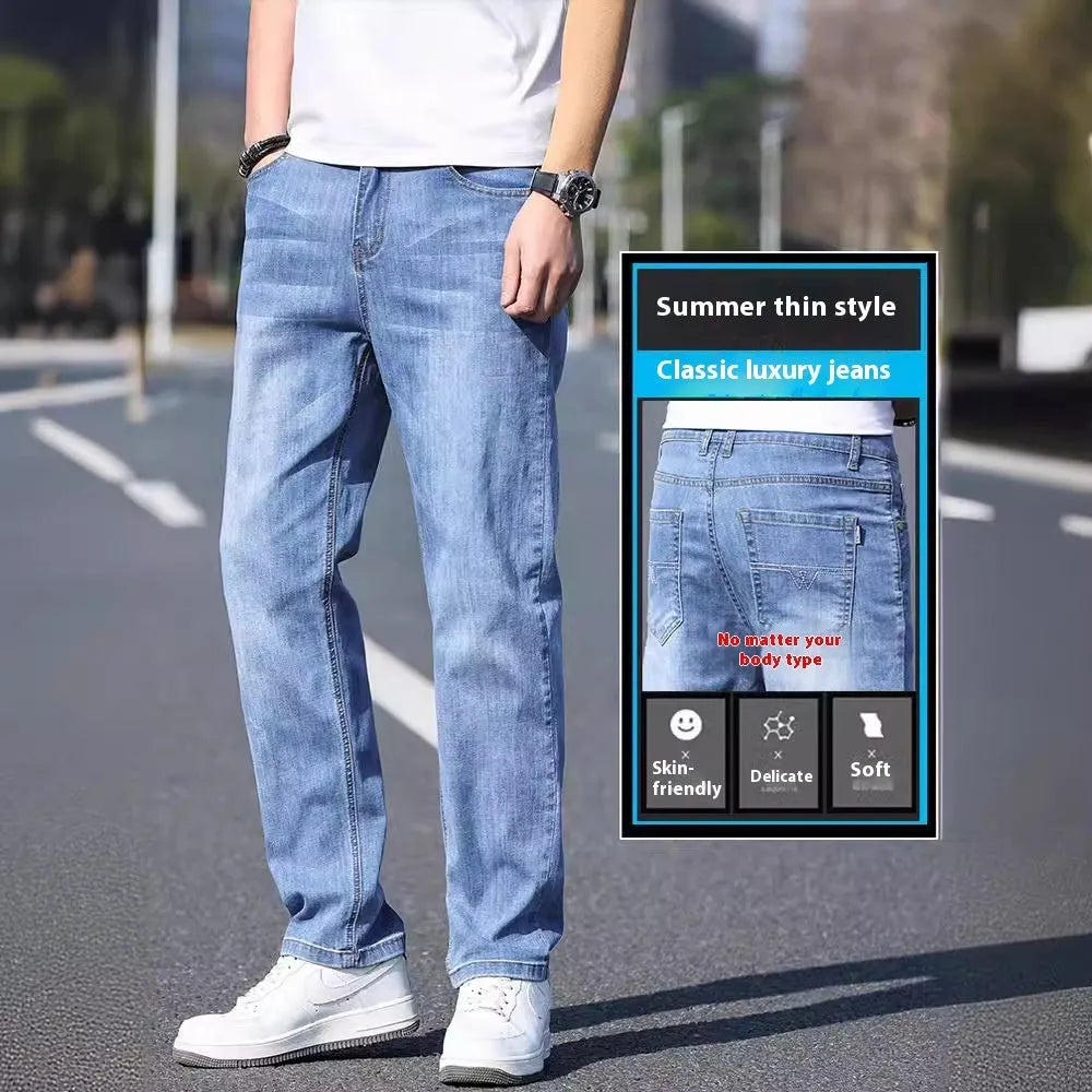 Thin stretch cotton denim trousers in black, tapered business casual style with belt loops and front pockets
