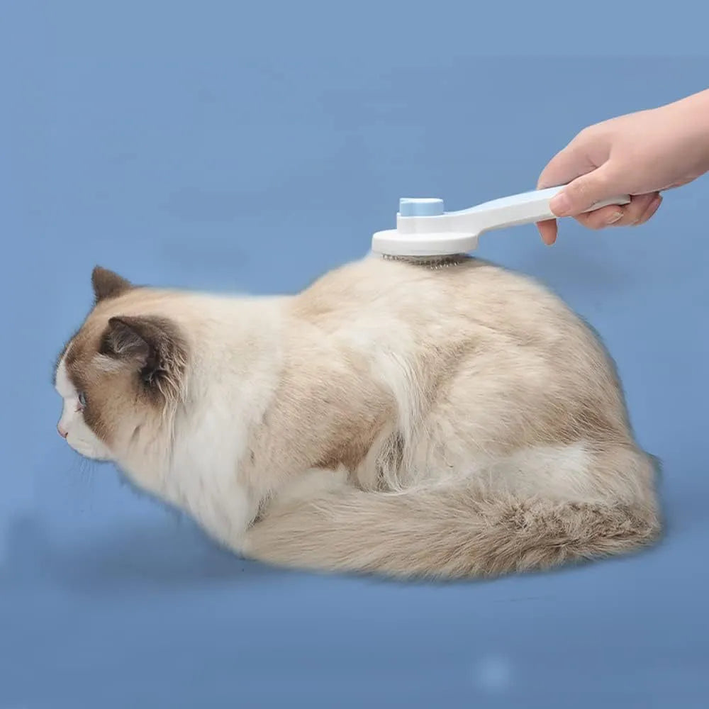 Blue self-cleaning cat brush with a rubber handle and a one-click button for hair removal.