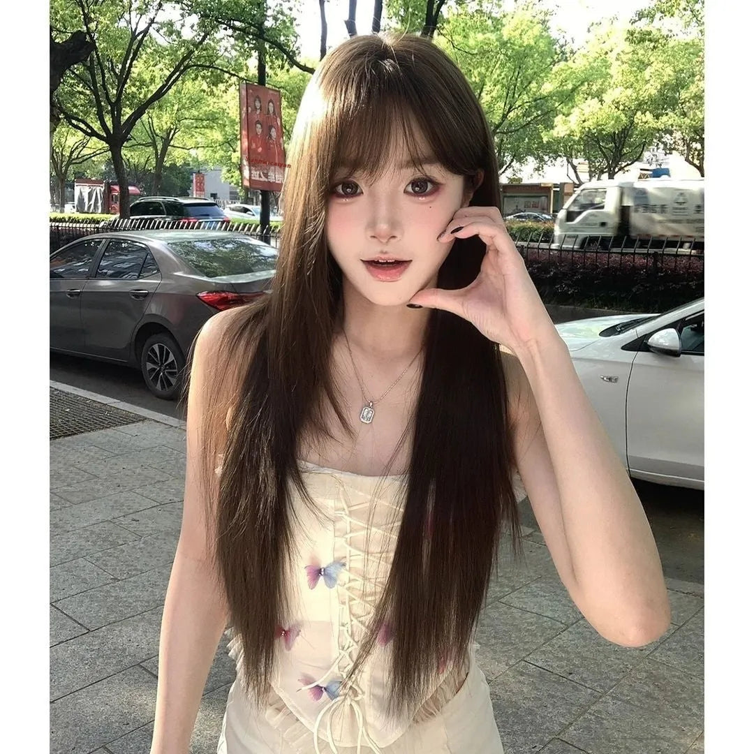 Wig high-level black tea simulation brown black for ladies with wear-free hair net