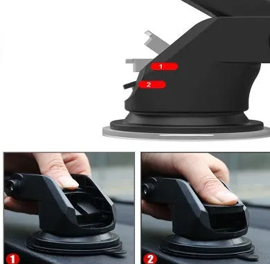 Black universal telescopic long rod car phone mounting bracket on a car dashboard.