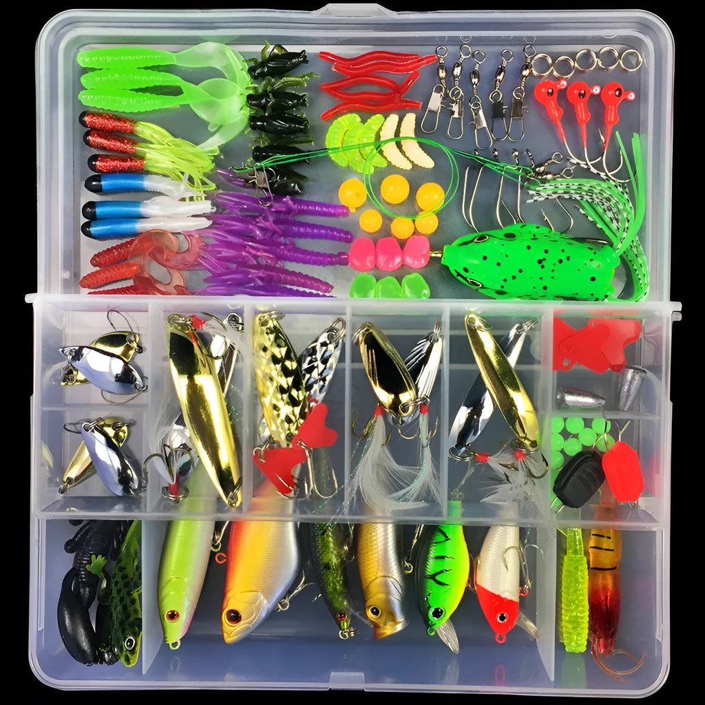 Fishing lure suit set showing soft plastic baits and Lei frog lures organised in PP tackle box