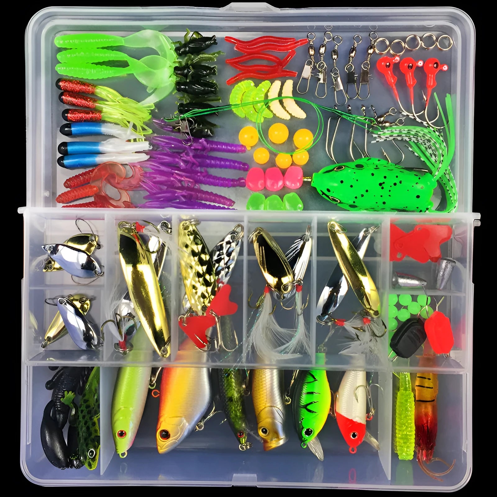 Fishing lure suit set showing soft plastic baits and Lei frog lures organised in PP tackle box
