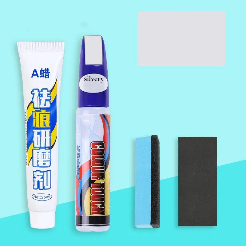 Automotive paint repair pen scratch repair fluid kit with paint pen, wax, sponge, and sandpaper.