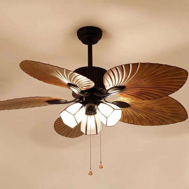 52-inch retro ceiling fan light with wooden blades and five copper lampshades