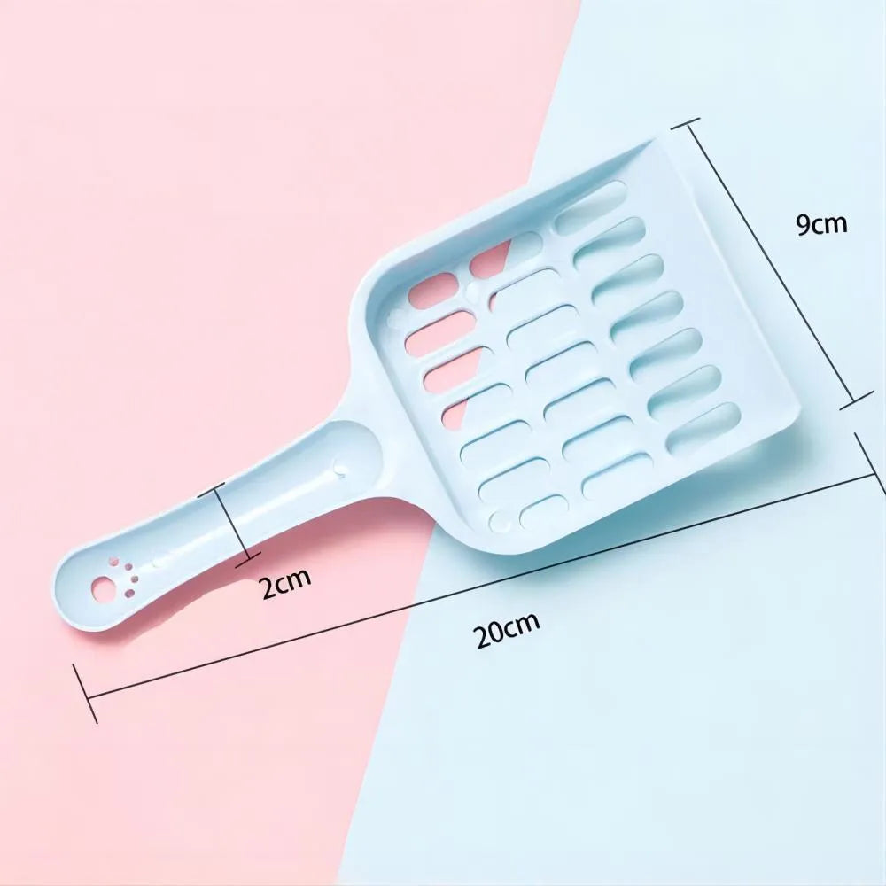 Blue plastic cat litter scoop on a white background showing its 20cm length.