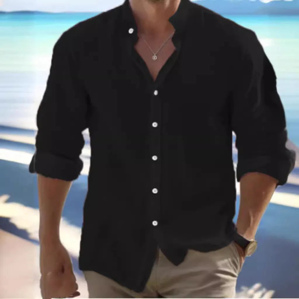 Men's casual linen button-up summer shirt in light blue displayed on hanger