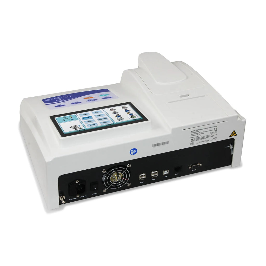 CONTEC BC300 semi-auto biochemistry blood analyser with touch screen, thermal printer, and quartz flow cell on benchtop.