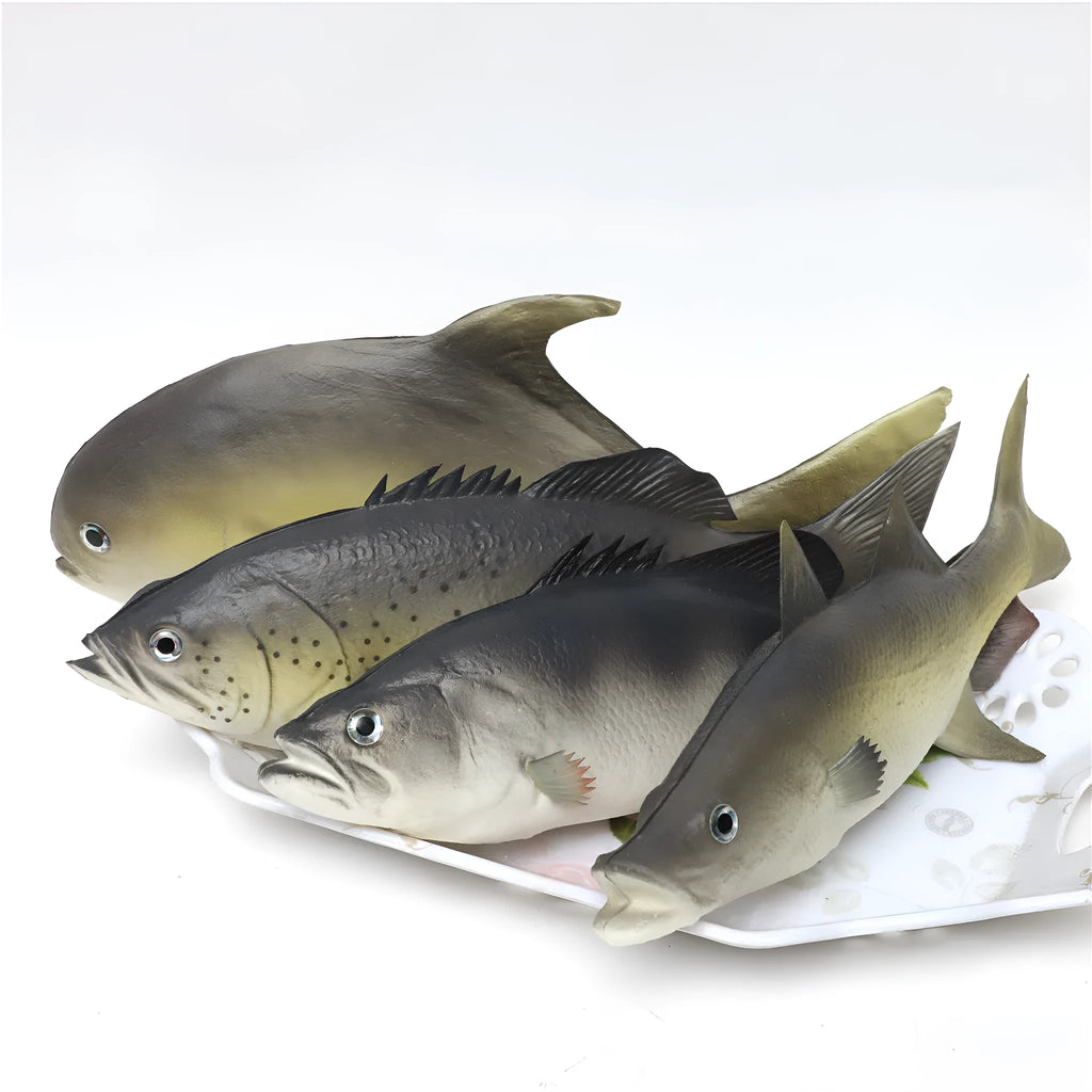 Three PU simulated fish ornaments: flower fish, small tuna, and yellow croaker with detailed textures