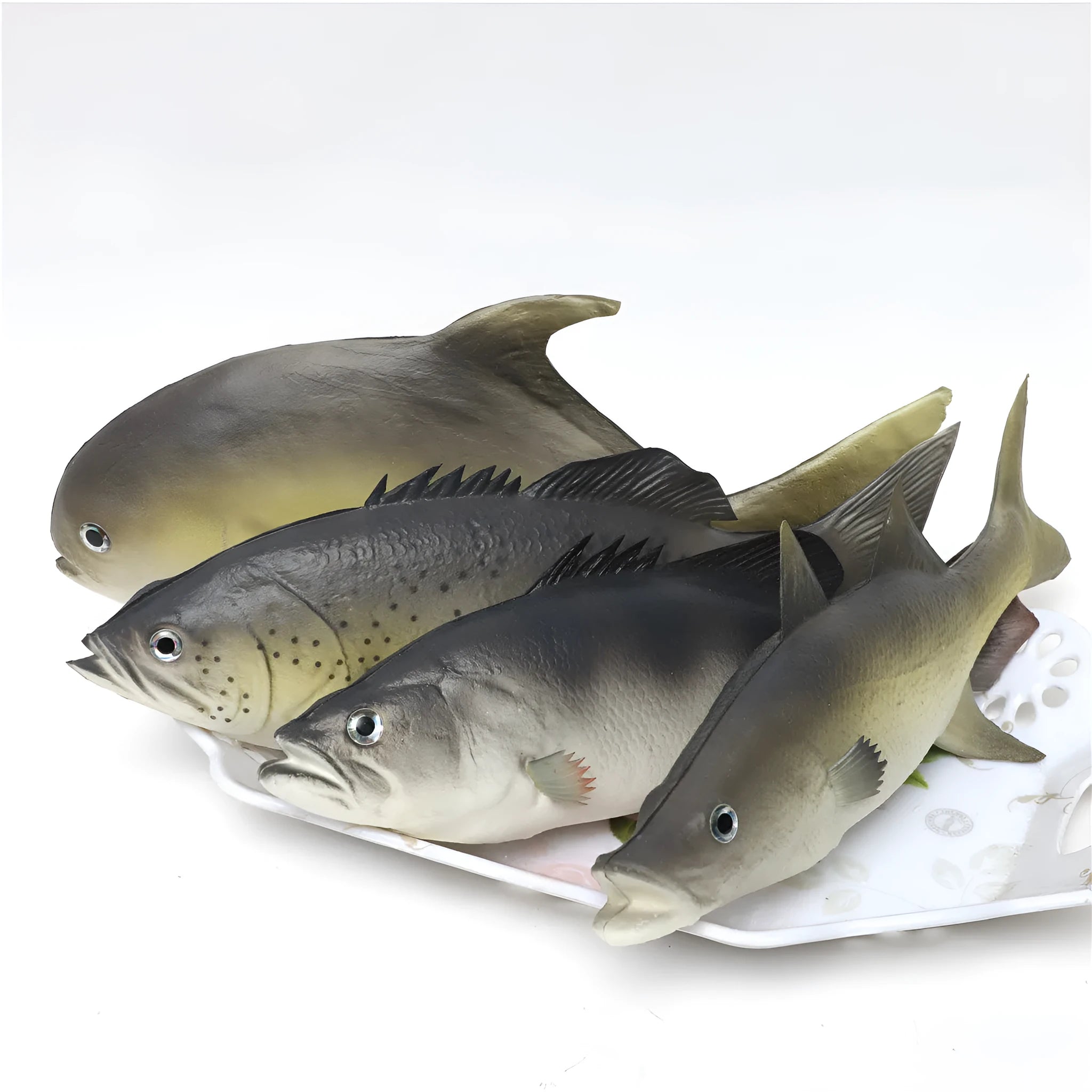 Three PU simulated fish ornaments: flower fish, small tuna, and yellow croaker with detailed textures