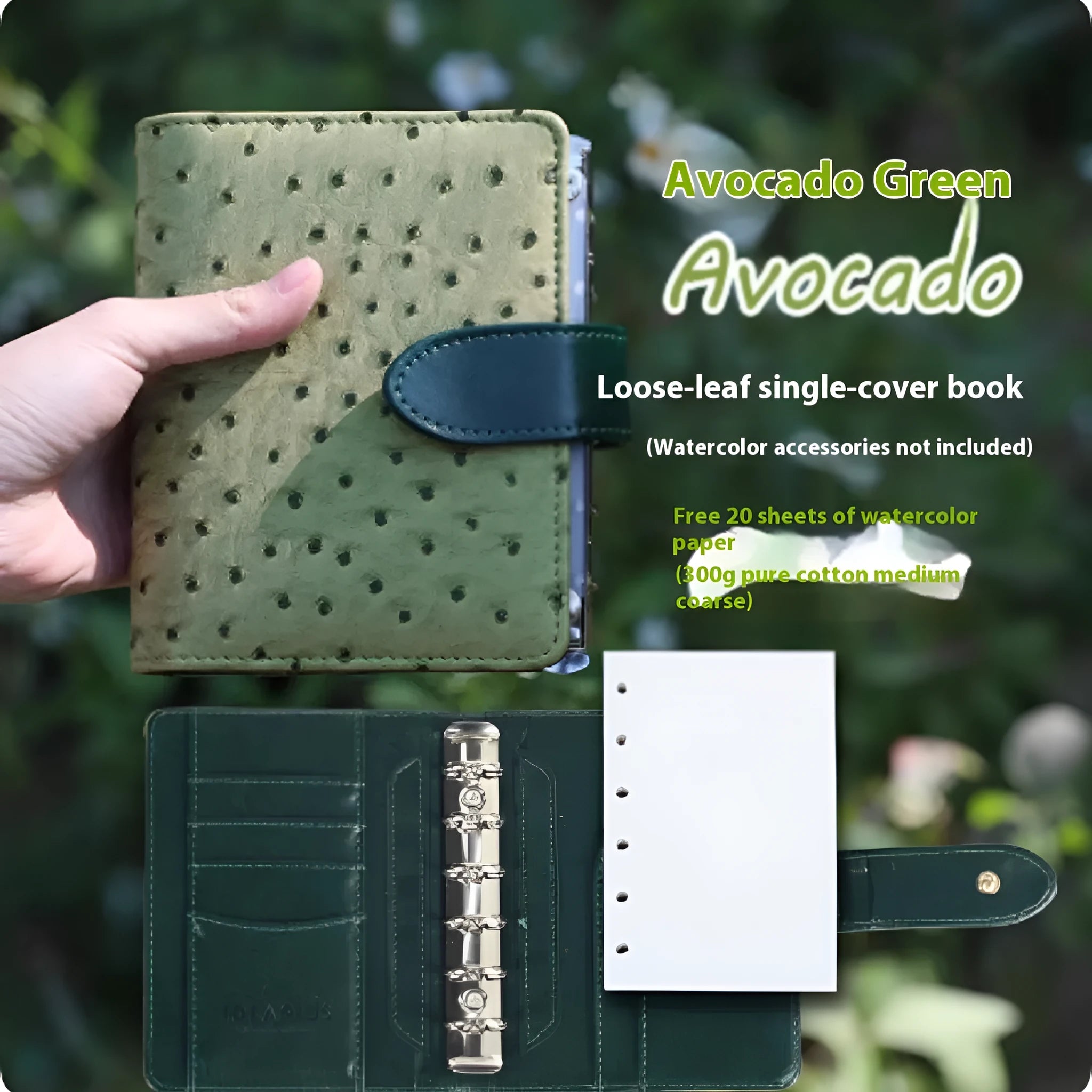 A7 loose-leaf watercolour notebook in one of five colours: Avocado Green, Hazelnut Brown, Mango Pudding, Mocha Coffee, or Rainforest Green.