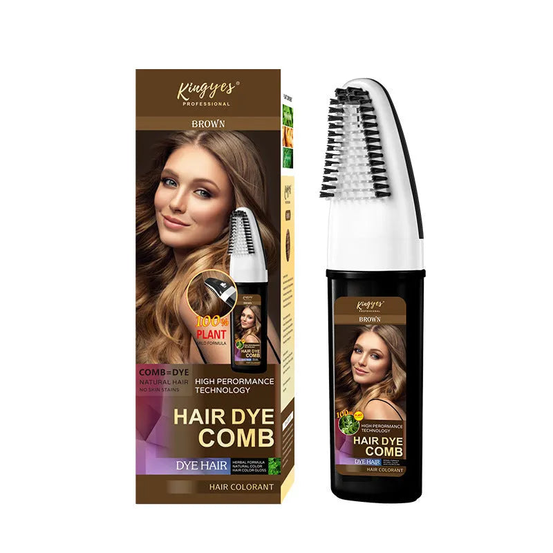 Hair dye comb applicator showing brown, dark brown, and wine red permanent colour options