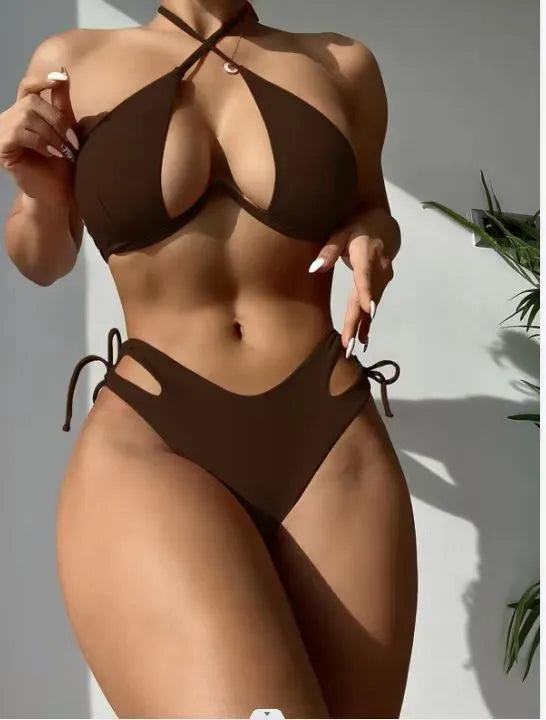 Women's halter bikini set briefs bottom solid colour black backless swimsuit polyester spandex lining