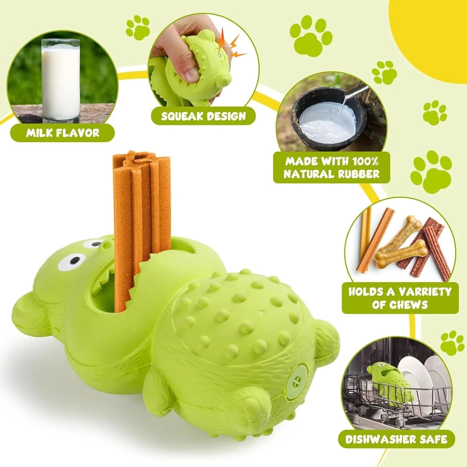 Green and yellow natural rubber squeaky dog toy for aggressive chewers.