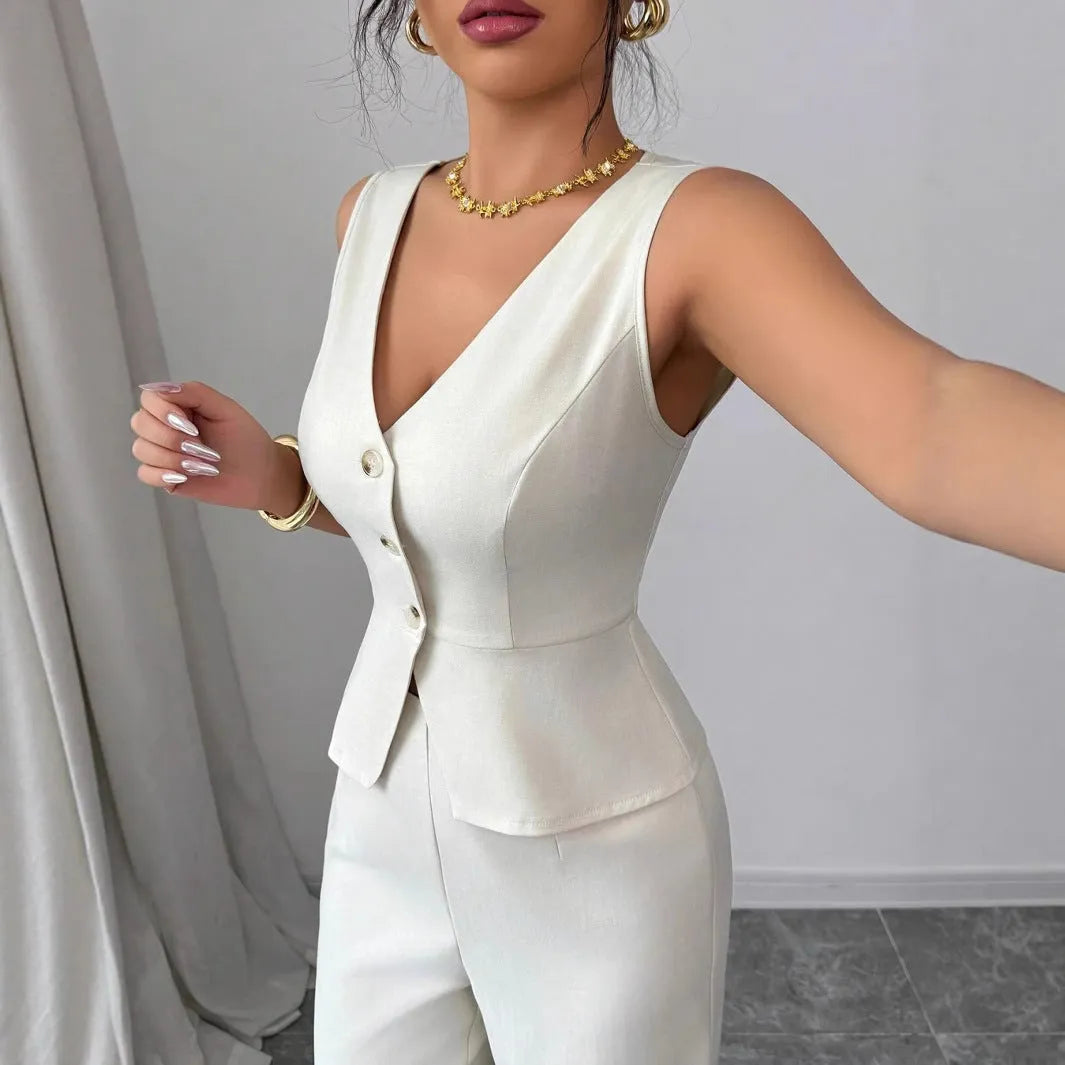 Women's black sleeveless vest and high waist trousers two-piece casual set.