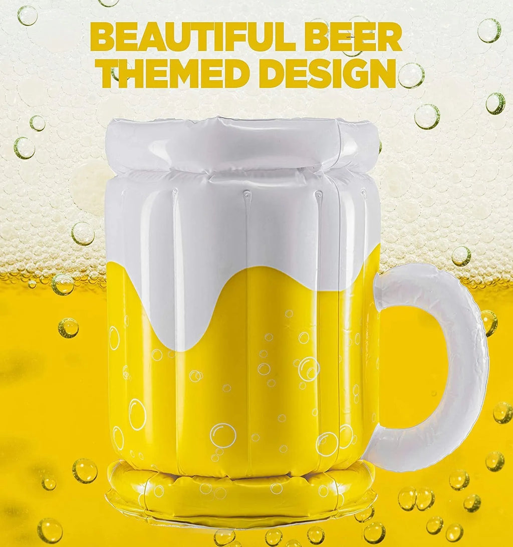 Yellow inflatable beer mug shaped cooler float with drink holders in a swimming pool