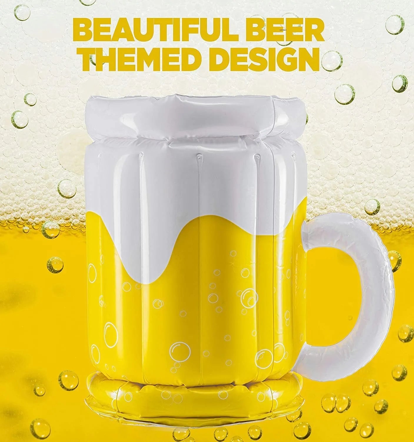 Yellow inflatable beer mug shaped cooler float with drink holders in a swimming pool